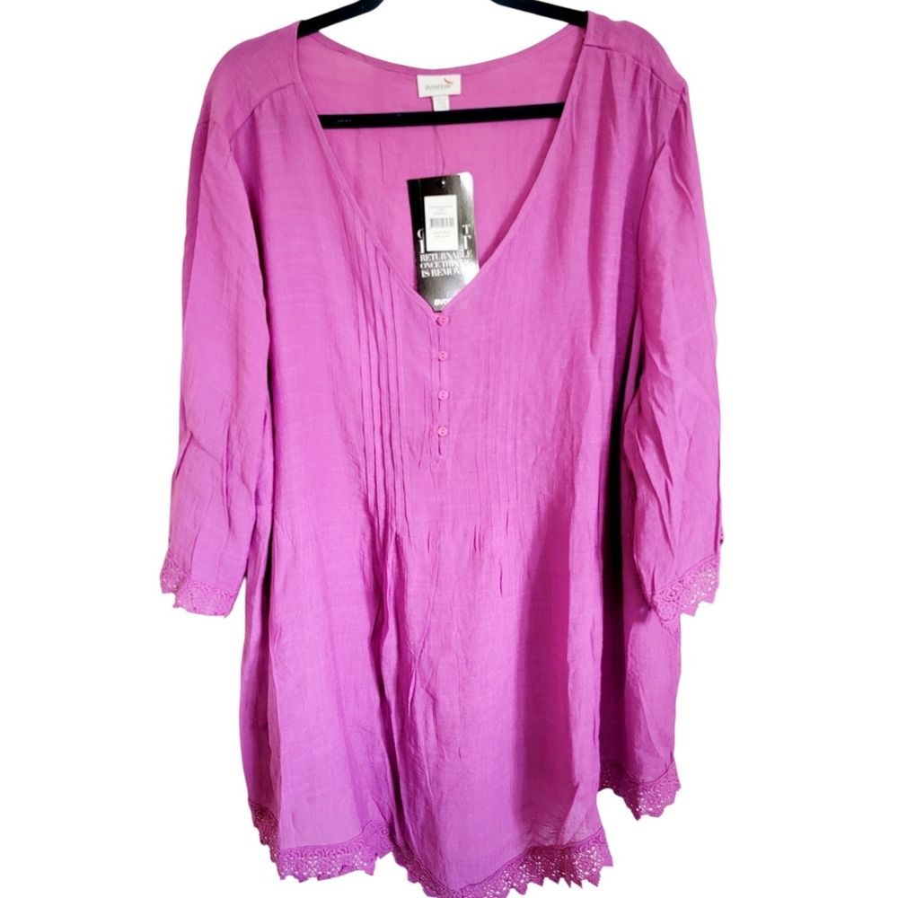 Avenue‎ 22/24 Ellie Pintuck Lace Trim Blouse Purple 3/4 SLV 2X Lace Accents NWT